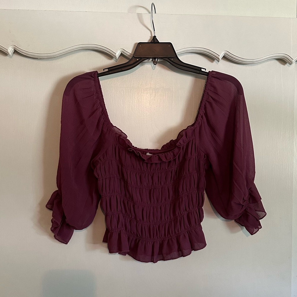 UO Sierra Sheer Smocked Cropped Top in Mauve